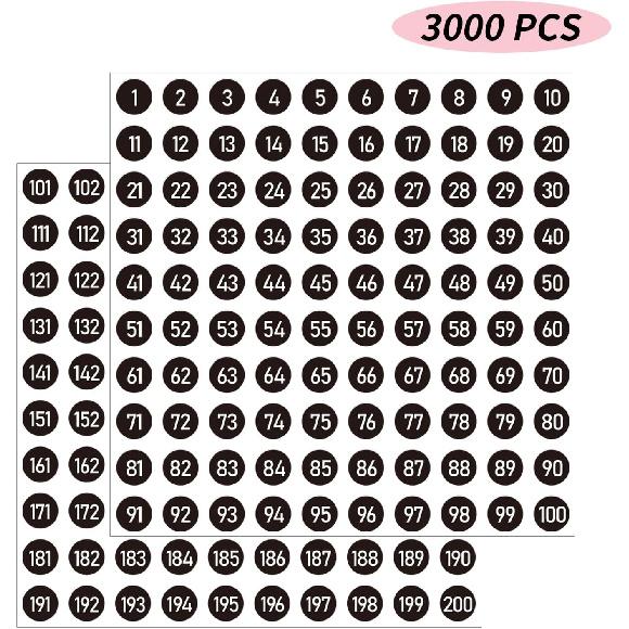 3000 ШТ. Наклейки с цифрами, 0,4'' Черные наклейки с последовательными номерами 1-200, Виниловые нумерованные наклейки, Самоклеящиеся и без следов, Использовать для