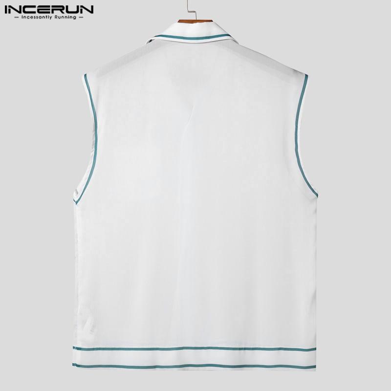 INCERUN Мужские топы без рукавов с лацканами, на пуговицах, с отделкой, полупрозрачные, повседневные