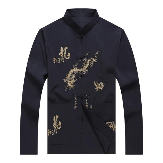 Мужская рубашка среднего возраста в китайском стиле с рисунком дракона, рубашка с воротником-стойкой и длинными рукавами, карманы, однобортный костюм Тан, топ