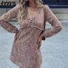 Ayollar Modasi Yoz Bahor Leopard Bosmali Uzun Qo'lli V-kesimli Yuqori Bel Casual Liboslar