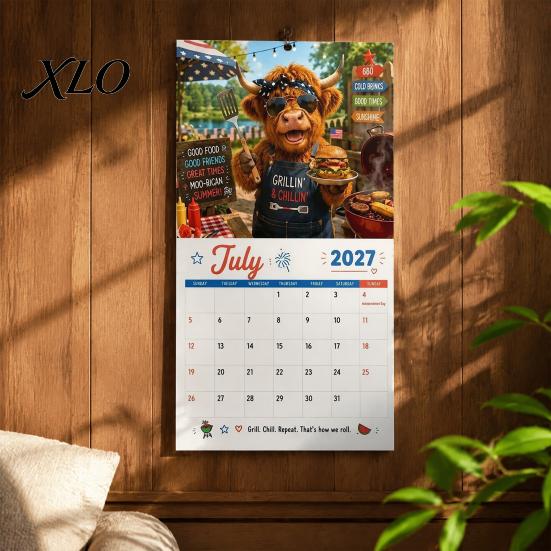 Paper Monthly Wall Planner 2027 Funny Highland Cow Calendar, Cute Farm Animal 12 Month Decorative for Home Scottish Hanging Rustic Decor Art