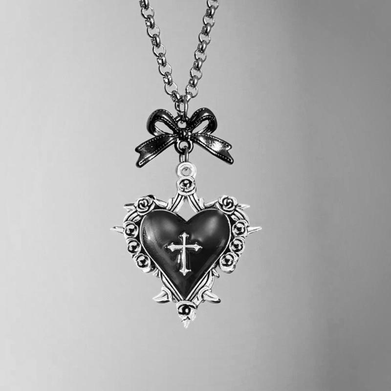 Y2K Bow Cross Heart Necklace For Girls Gothic Jewelry Vintage Accessories Rose Goth Collares Chain For Women Man Punk Necklace