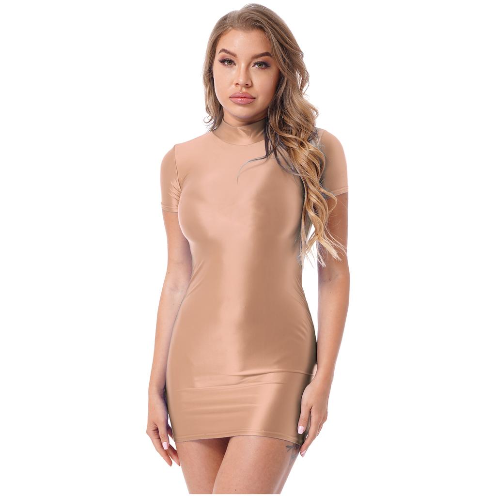 Womens Bodycon Mini Dress Glossy Fabric Mock Neck Short Sleeve Clubwear