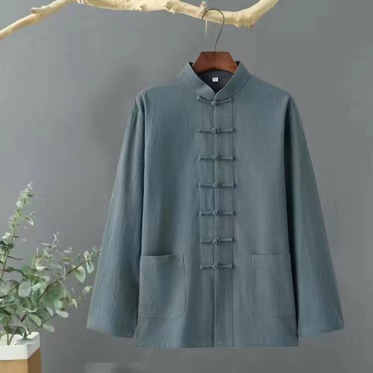 Мужская рубашка в стиле ретро из хлопка и льна с длинным рукавом и воротником-стойкой в китайском стиле