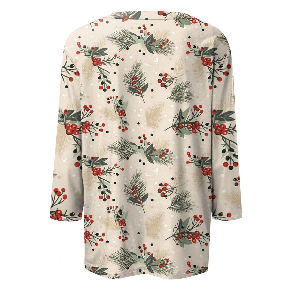 Women's Fashion Casual Seven Sleeve Christmas Printed Round Neck Top