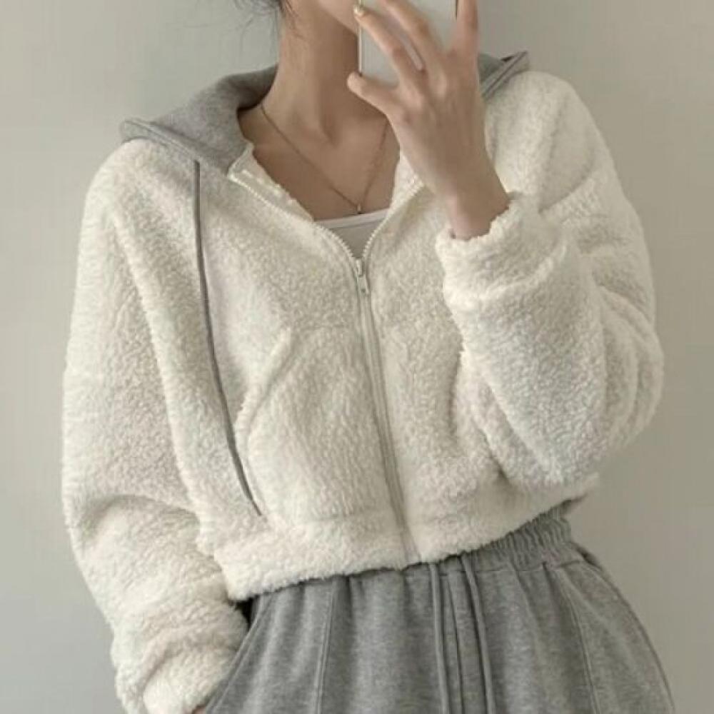 Navava Women S Cozy Fleece contraSt Crop Hoodie Zip Up Nc418