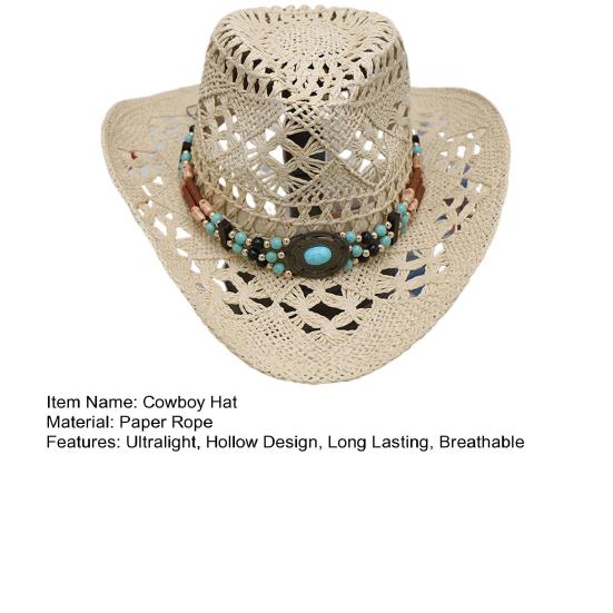 Hat with Decorative Bands Hollow Ultralight Breathable Design Cowgirl Woven Sun