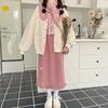 Kawaii Pink Corduroy Long Skirt Women Japanese Fashion Cute High Waist Split Bow Straight Midi Skirt for Girls Autumn