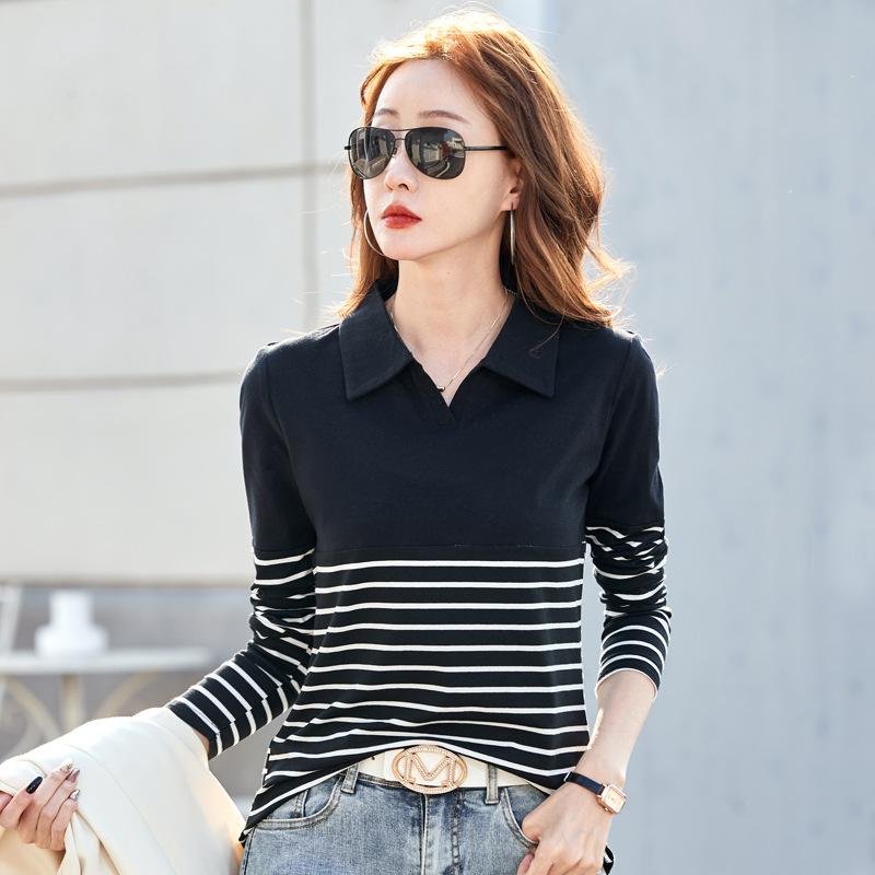 Футболка женская в полоску с узким низом и лацканами на весну и осень