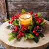 Christmas Candle Wreath Artificial Red Berries Pinecone Garland Festive Table Centerpiece Decoration for Christmas Party Home