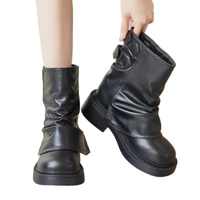 Модные короткие сапоги для женщин, высококачественные, с широким голенищем, кожаные, на плоской подошве, в западном стиле, до середины голени, рыцарские сапоги, осенне-зимние сапоги, хаки, черные