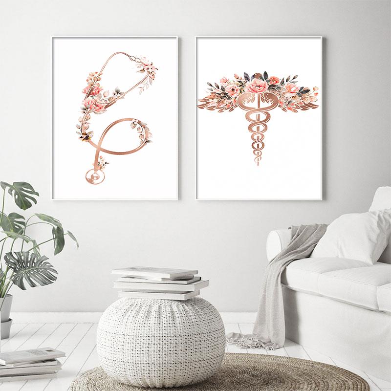 Flower Anatomy Canvas Painting Heart Lungs Skull Organ Poster Stethoscope Wall Art Printed Picture Medical Education Decoration