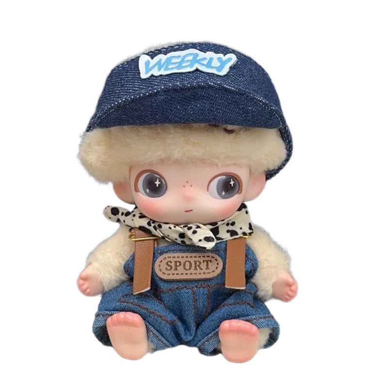 In Stock: Cute Denim Cap & Overalls Set for Dimo Newborn Diary Doll - Plush Toy Blind Box Clothes