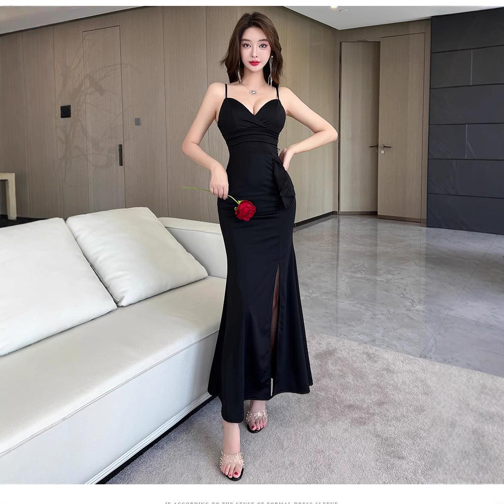 Pure desire sexy v-neck suspender dress women's summer black slim fit slim hip wrap nightclub dress long skirt