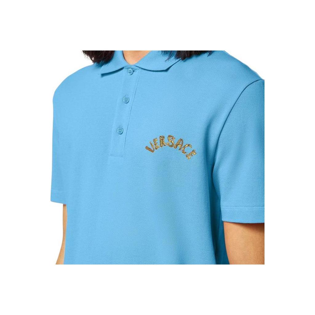 Versace Мужская футболка-поло с коротким рукавом, однотонная, с вышивкой букв, SS23, мужские поло, синяя 1010639-1A07698-1VA90