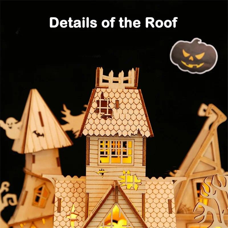 3D Halloween Haunted House Wooden Puzzle Ghost Tree House Light DIY Model Craft Kits Desk Decoration Toys Gift For Kids