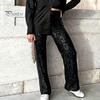 Women Casual Pants Elastic Waist Mid-rise Straight Wide Leg Long Trousers Shiny Sequins Commuter Style Pants
