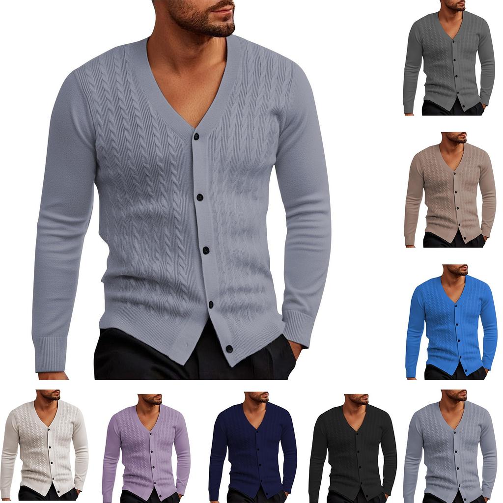 Мужской кардиган, повседневный свитер с длинным рукавом, V-образный вырез, застегивающийся на пуговицы, вязаный косами, текстурированная осенне-зимняя одежда