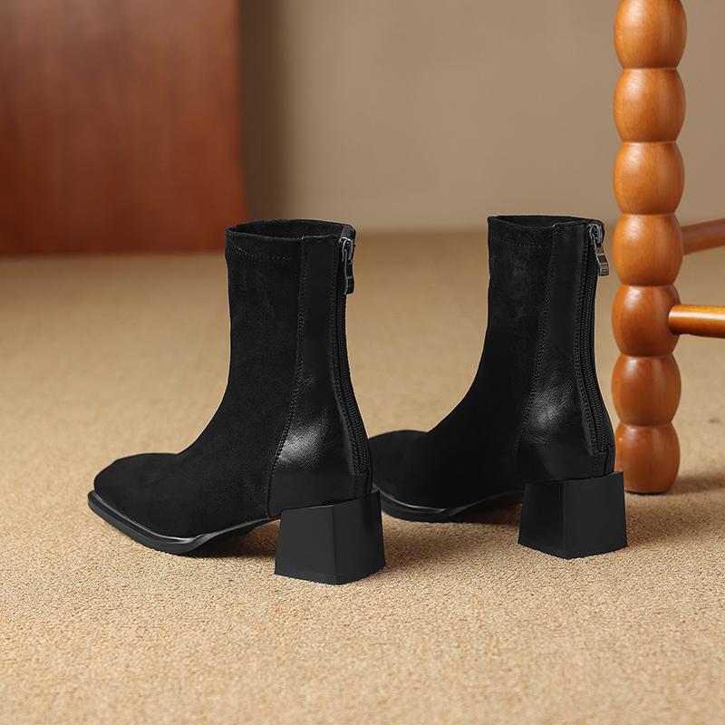 Krazing Pot Осенне-зимняя обувь из флока Ботинки Челси с квадратным носком, сохраняющие тепло, на молнии, эластичные ботильоны