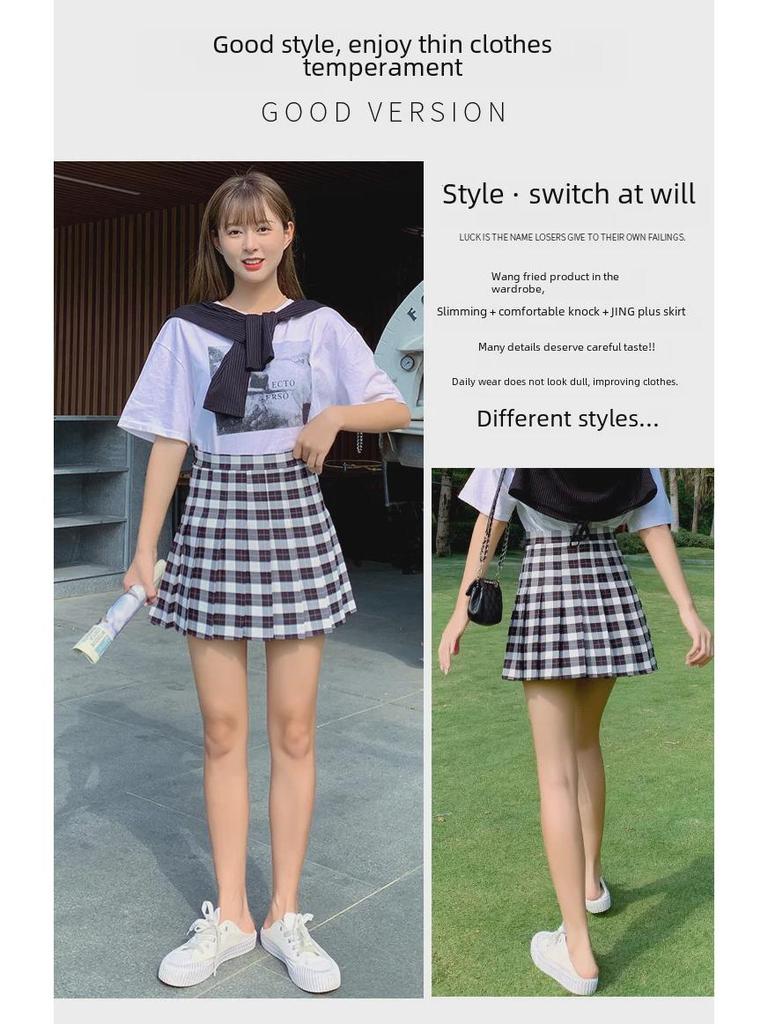 2025 Женская юбка-трапеция в клетку с высокой талией в корейском стиле в складку - летняя короткая юбка-солнцезащита