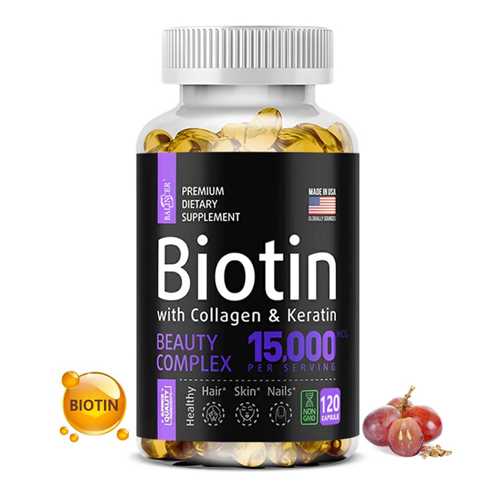 Balincer Biotin Complex Supplement, 15000mcg, Collagen & Keratin, B-Vitamins, 120 Caps