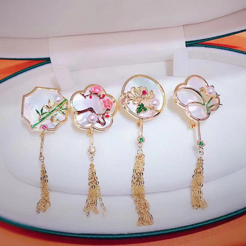 Chinese Style Natural Seashell Tassel Fan Brooch with Plum, Orchid, Bamboo, Chrysanthemum, Pearl Corsage, and Empty Setting