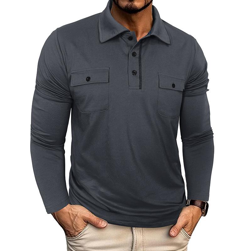 Men's Long Sleeve Polo Shirt with Button-Down Collar and Chest Pockets, Multiple Colors