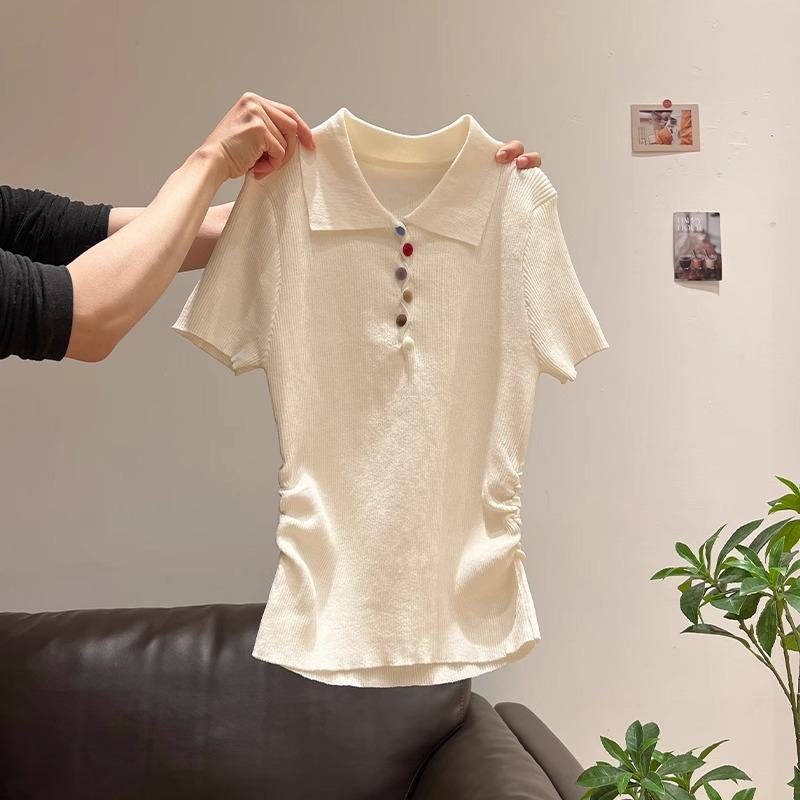 Летняя сладкая талия и тонкие плечи POLO рубашка короткий рукав футболка женский тренд цветная пуговица короткий топ инс