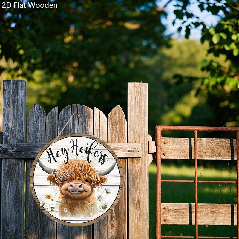 Wooden Welcome Sign with Highland Cattle Design - Rustic Decorative Plaque for Farmhouse, Front Door, Porch, Holiday Decorations