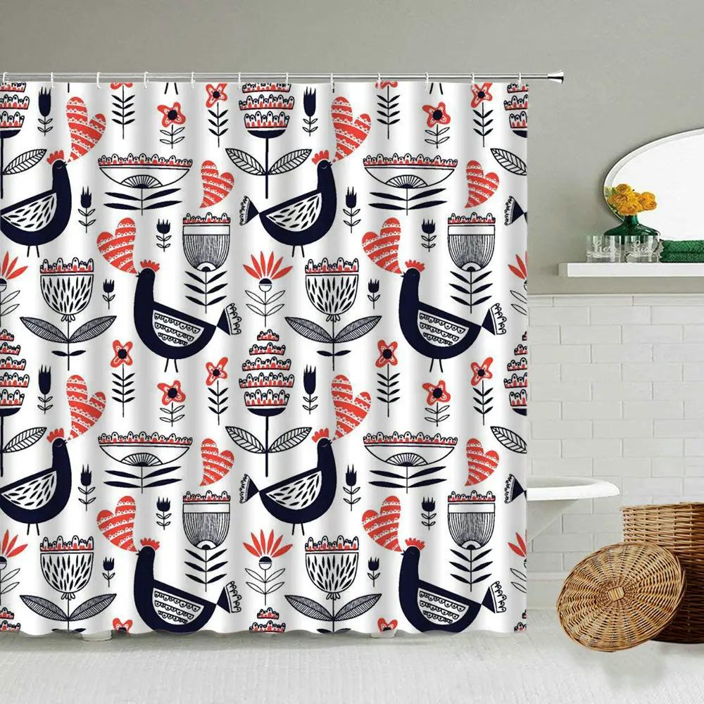 Cartoon Hand-Painted Animal Shower Curtain, Cat, Bird, Rabbit, Plant, Flower, Child Bathroom Decor With Hook