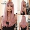 Pink Straight Wigs with Bangs Long Layered Pink Hair Synthetic Wig Women Pink Color Cosplay Wig Heat Resistant Fiber