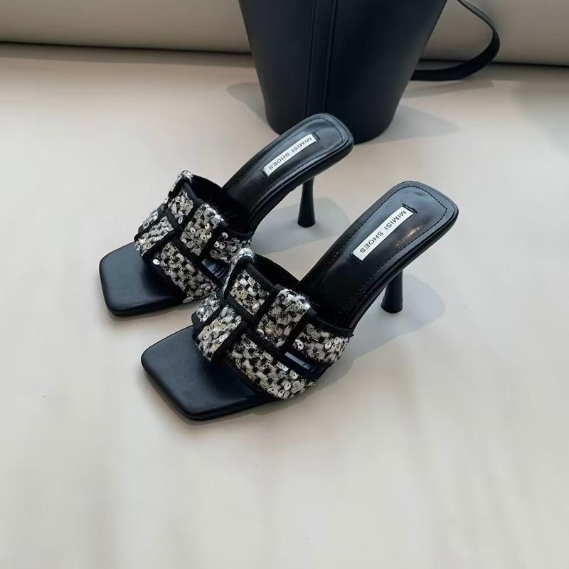 2024 Новая Мода Универсальные Женские Шлепанцы Однотонные с Блестками Открытый Носок Квадратный Носок Летние Удобные Женские Туфли Zapatos