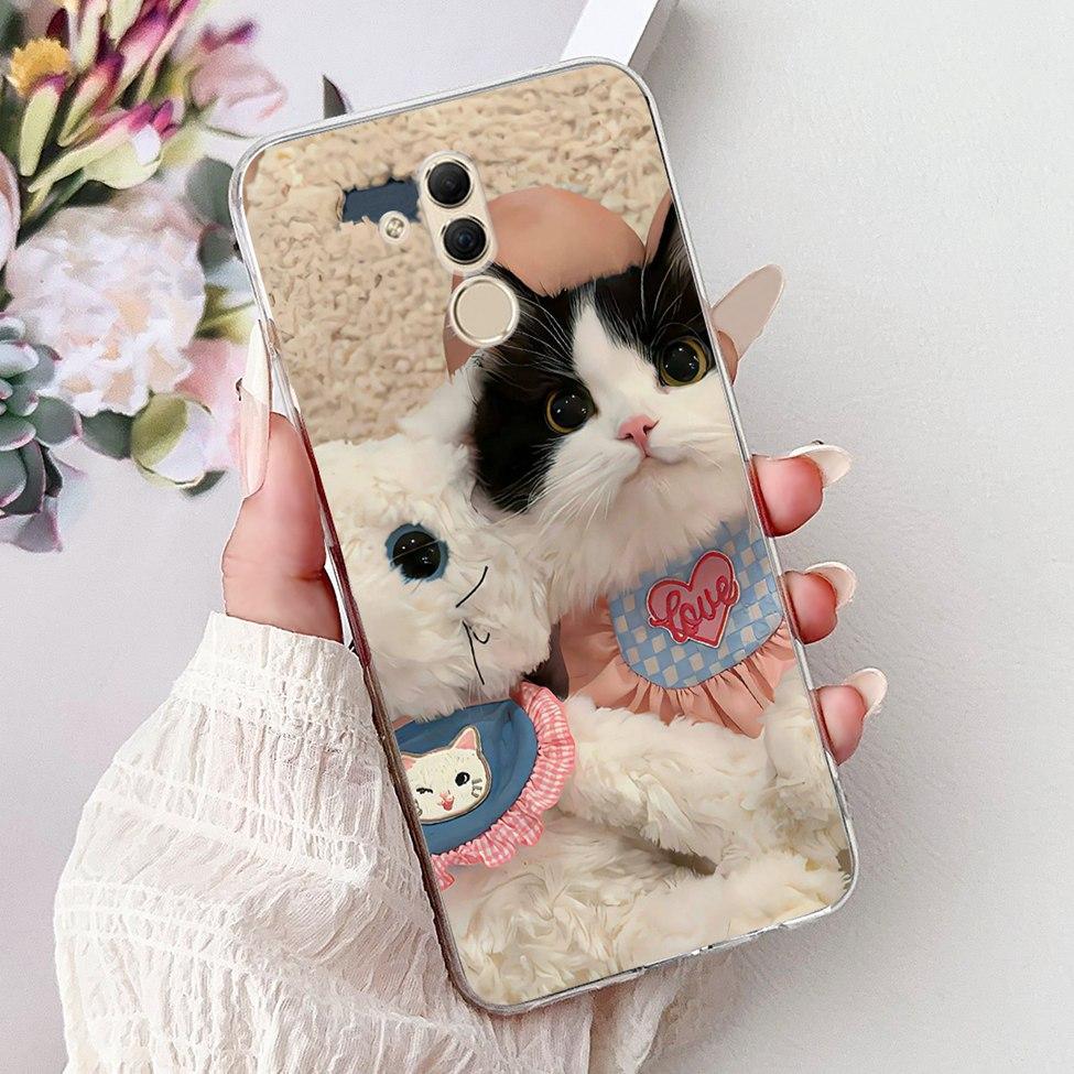 Clear For Huawei Mate 20Lite SNE-LX3 INE-LX2 Back Cover For Huawei Mate 20 Lite Case Cute Cartoon Cat Luxury Flowers Funny Funda