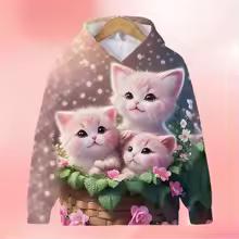 2024 Kawalii Girls Одежда Толстовки с капюшоном для детей Толстовка с капюшоном с котом Мода Мультфильм Весна Осень Повседневный Мультфильм Принт свитера для детей