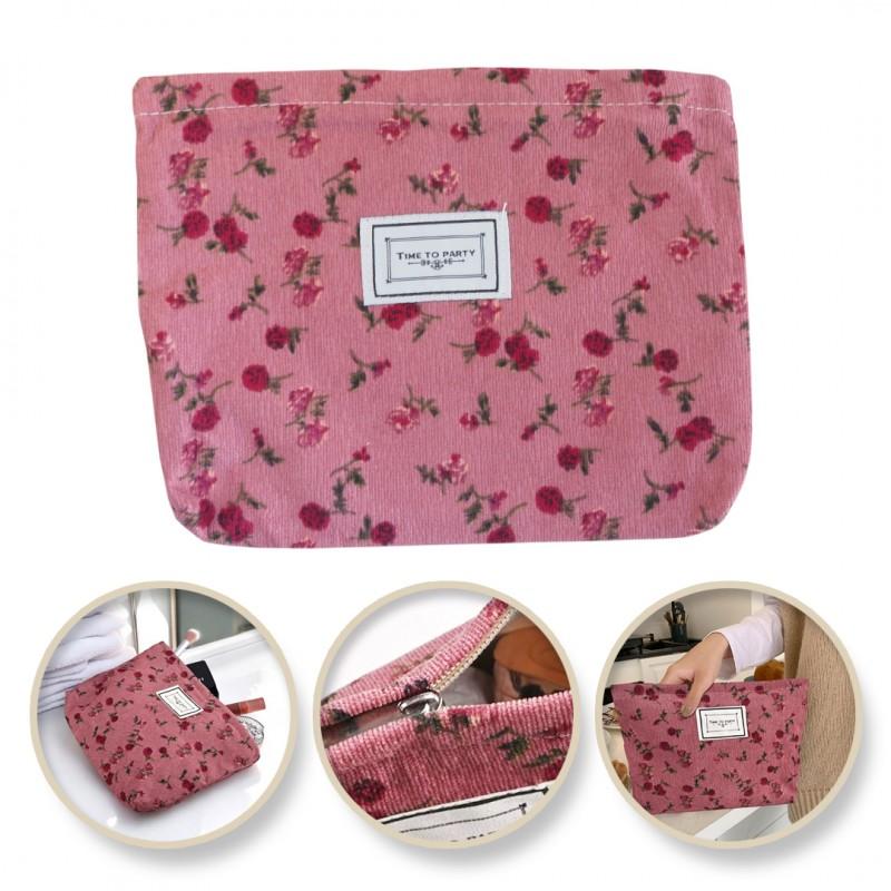 Single-compartment Pink Cosmetic Bag with Flowers Organizer 25 x 18 Fashionable