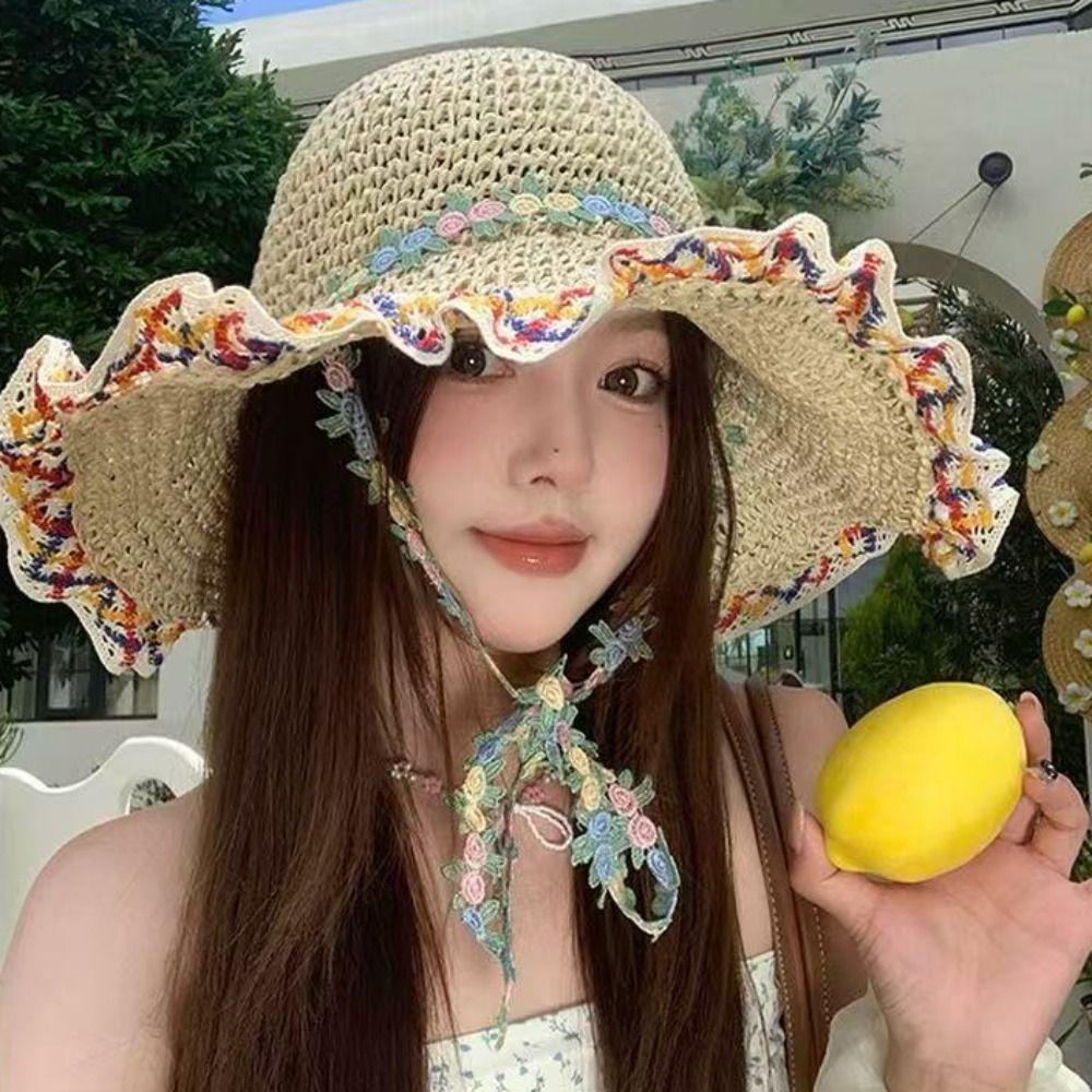 Elegant Woman's Straw Hat Breathable INS Sun Protection Cap Wide Brim with Flower Decors Rope Women's Sun Visor Hats