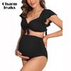 Maternity Swimsuit Two Piece Ruffle Sleeve Ribbed Ruched Bikini Tie Knot High Waisted Pregnancy Swimwear