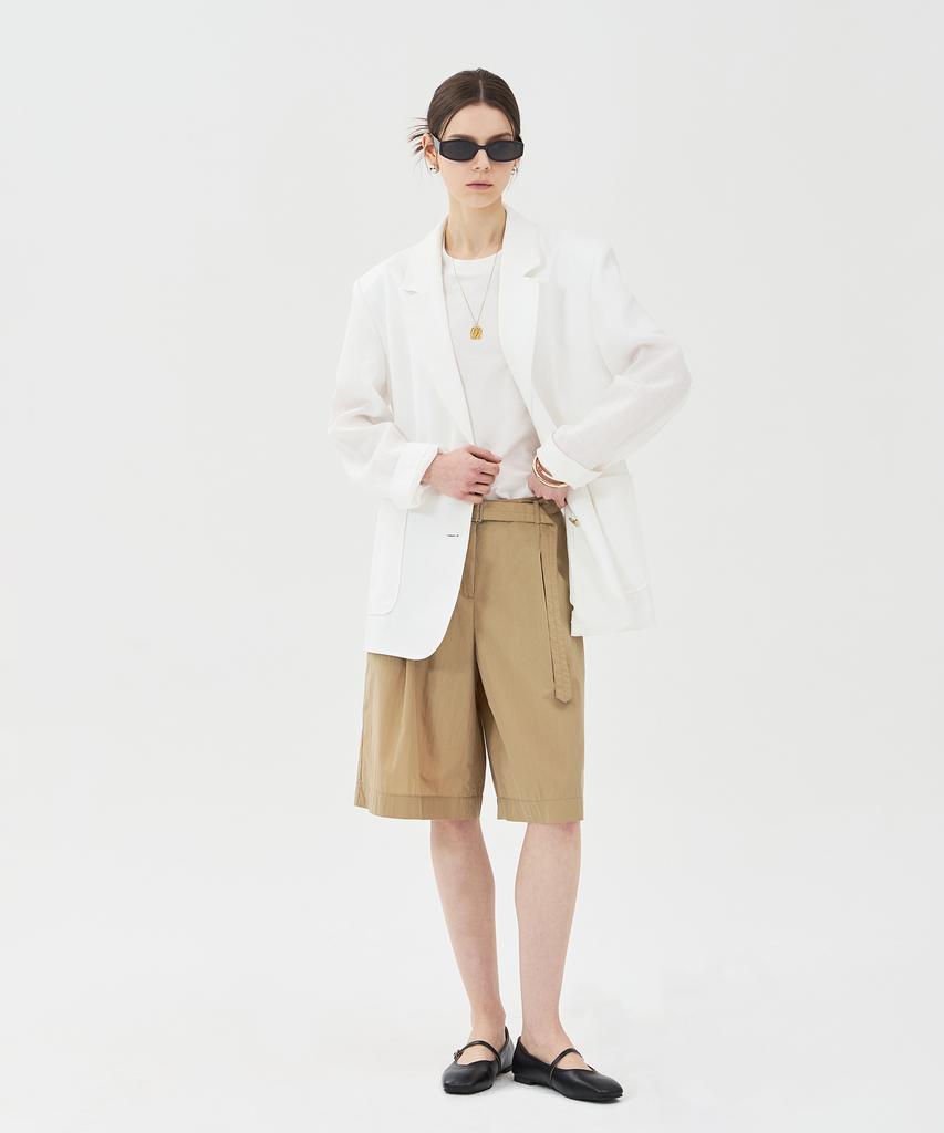 PINBLACK Belted Single-Pleat Bermuda Pants Khaki