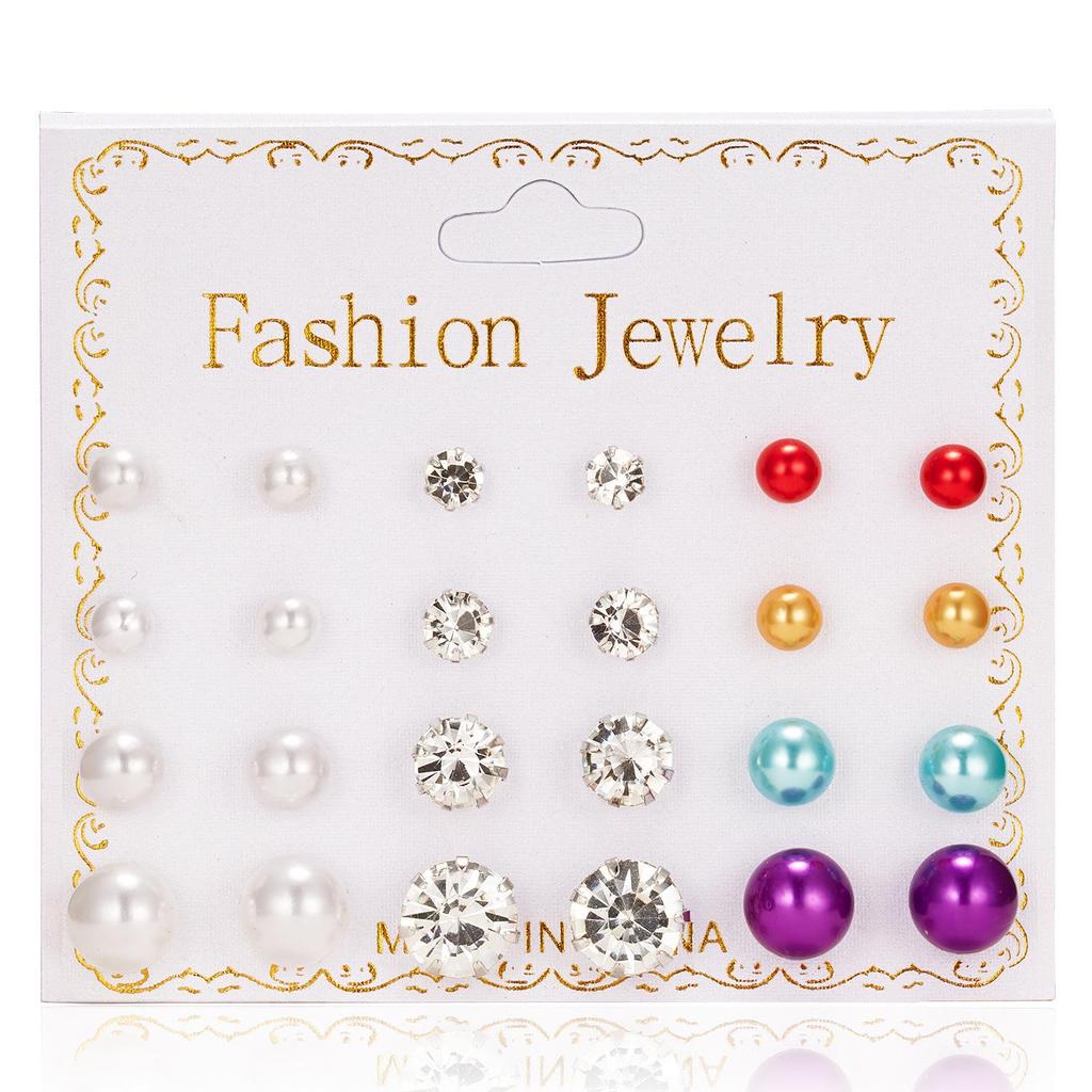 12 Pairs of Zircon Stud Earrings: Pearl, Flower & Bow Designs