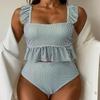 2024 Полосатый купальник-бикини с оборками для женщин - Пляжная одежда с высокой талией