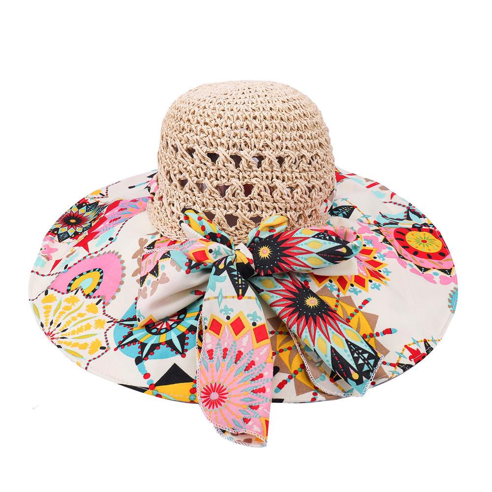 Fashion Sun Hat For Women Holiday Beach Straw Hat Female Hollow Printed Bow Summer Big Brim Hat Fold Uv Protection Floppy Hat