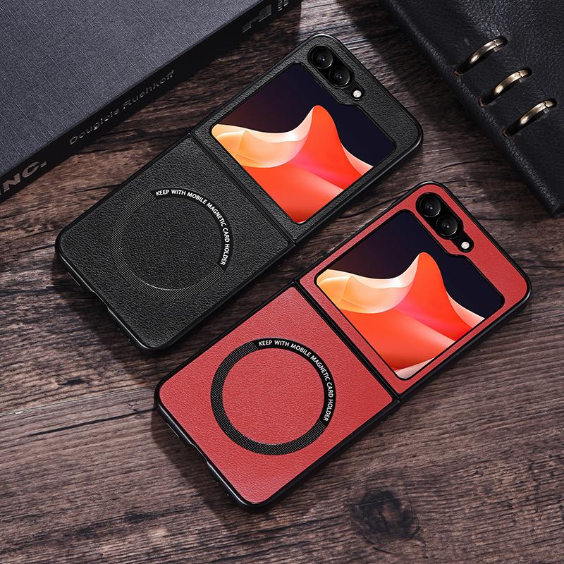 Luxury PU Leather Wireless Charge Magnetic Case For Samsung Galaxy Z Flip 3 4 5 6 Flip4 Flip5 Flip6 5G Shockproof Back Cover