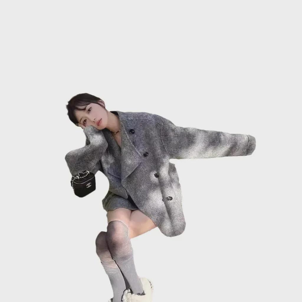 Женское серое шерстяное пальто средней длины - дизайн Dragon & Phoenix, свободный крой, корейский стиль, осень и зима 2024 г.