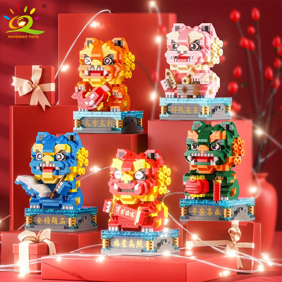Китайский стиль Lucky Dancing Lion Diamond Micro Building Blocks Украшение стола Кирпичи Детские собранные игрушки для детей
