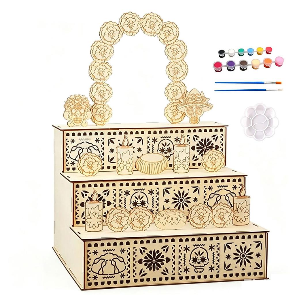 Day of the Dead Wooden Altar Offering Table Candle Holder Shrine Ornament with Skeleton Figurine for Mexican Memorial Holiday Home Decoration