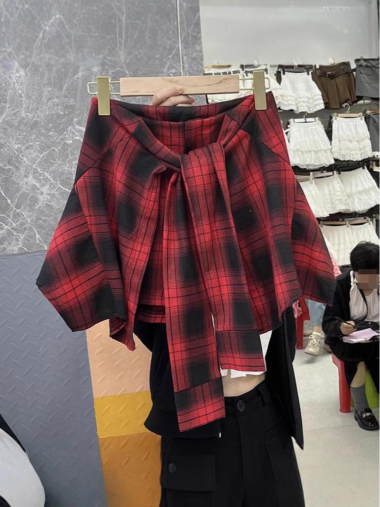 Стильная женская клетчатая юбка миди 2025: Завязки, Неровный подол, Высокая талия, Приталенный дизайн