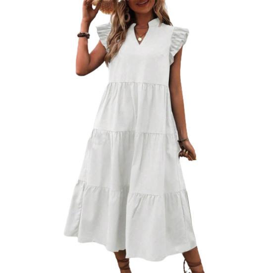 Women Summer Dress V Neck Pure Color A-line Patchwork Big Hem Flying Sleeves Ruffle Pleated Dating Party Vacation Beach Midi Dress