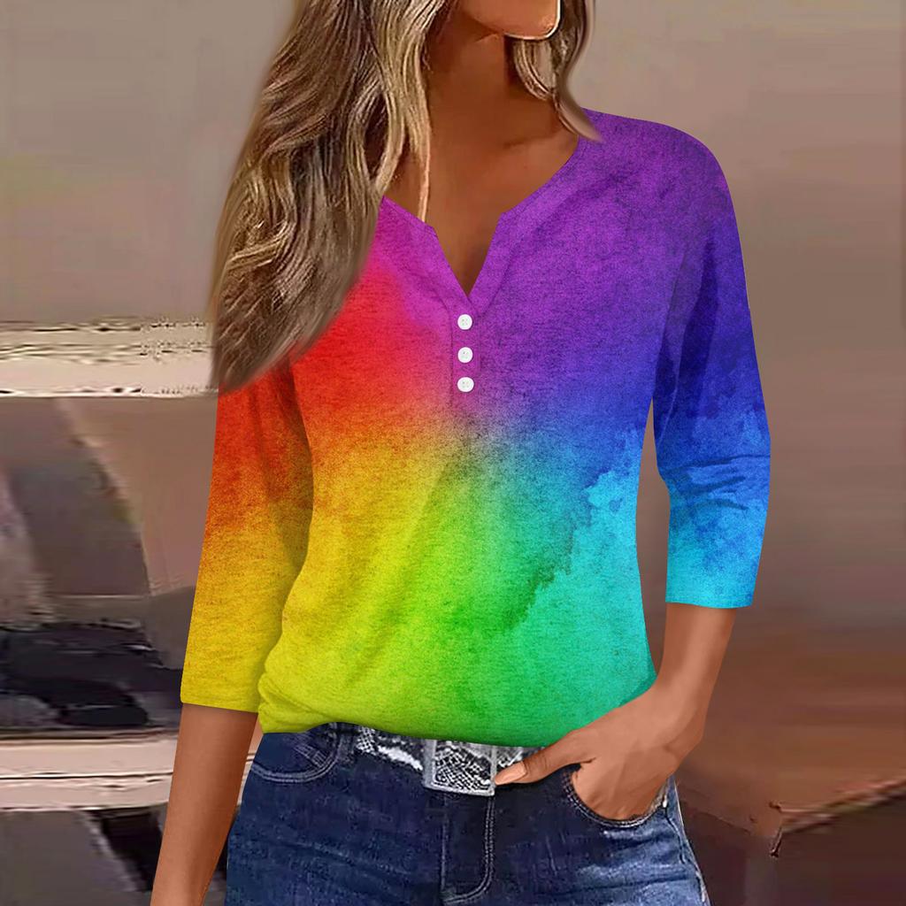 Жен. Футболка Футболка С принтом Пуговицы Рукав 3/4Ежедневно Выходные Мода Классический Топ с v-образным вырезом Обычный