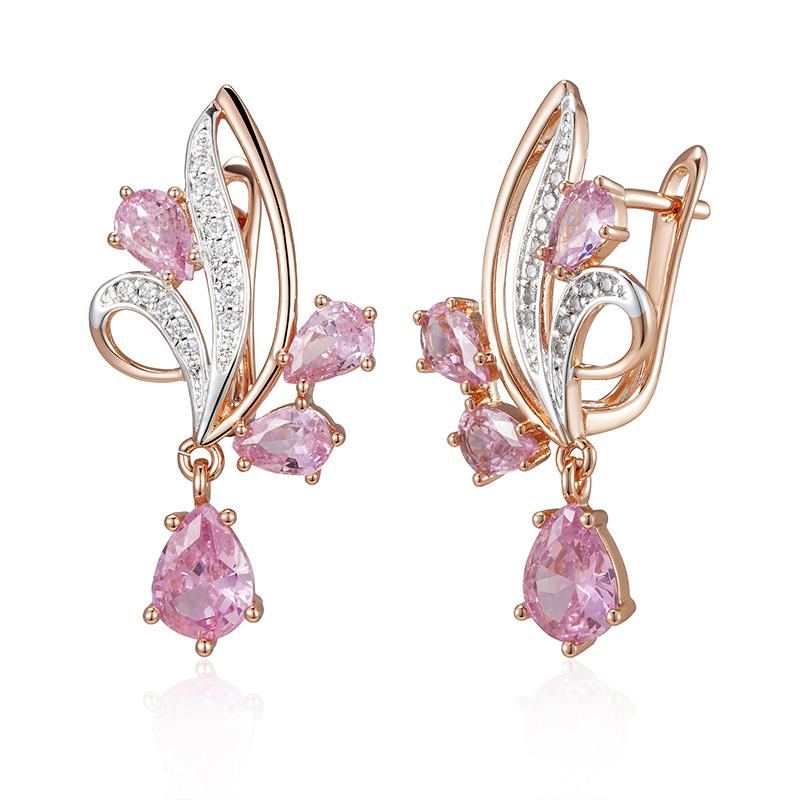 Kinel Pink Zircon Long Drop Earrings For Women Silver Color Luxury Party Jewelry