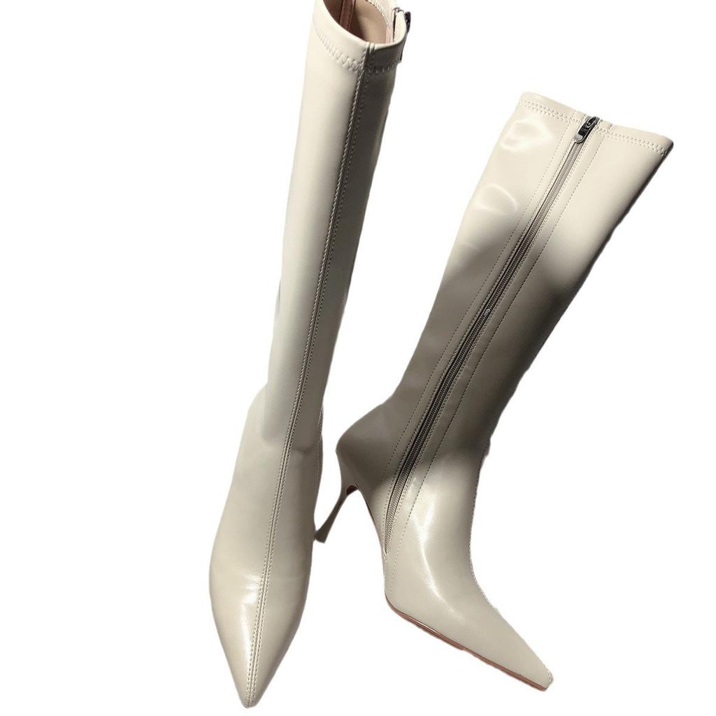 Темпераментные сапоги на высоком каблуке, с заостренной резинкой, тонкие, простые, однотонные, длиной до колена